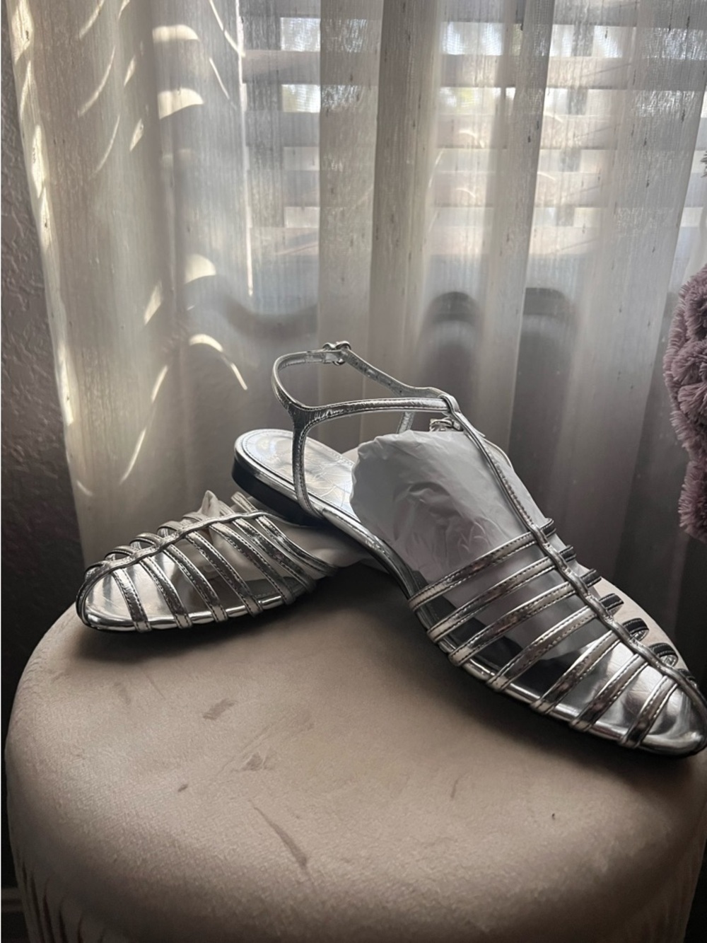 Massimo Dutti Silver Strappy T‑Bar Flat Sandals